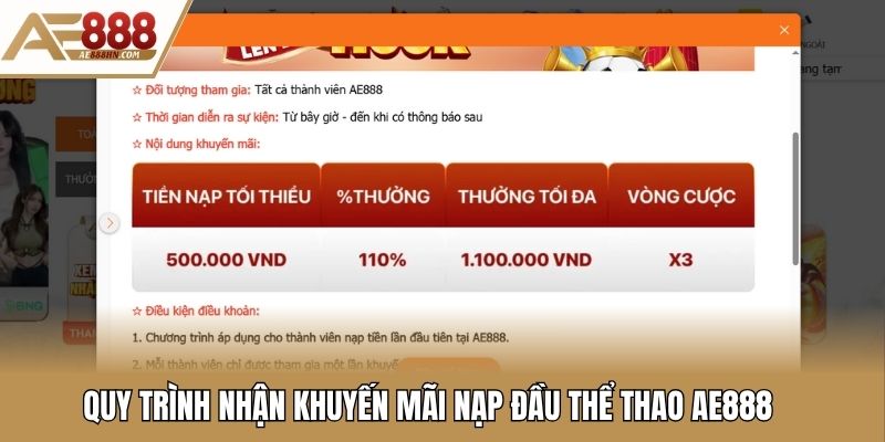 Quy trình nhận khuyến mãi nạp đầu thể thao Ae888